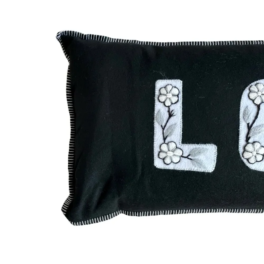 Annie Selke Embroidered LOVE Pillow 15x36 Black & White Valentine Decor NEW